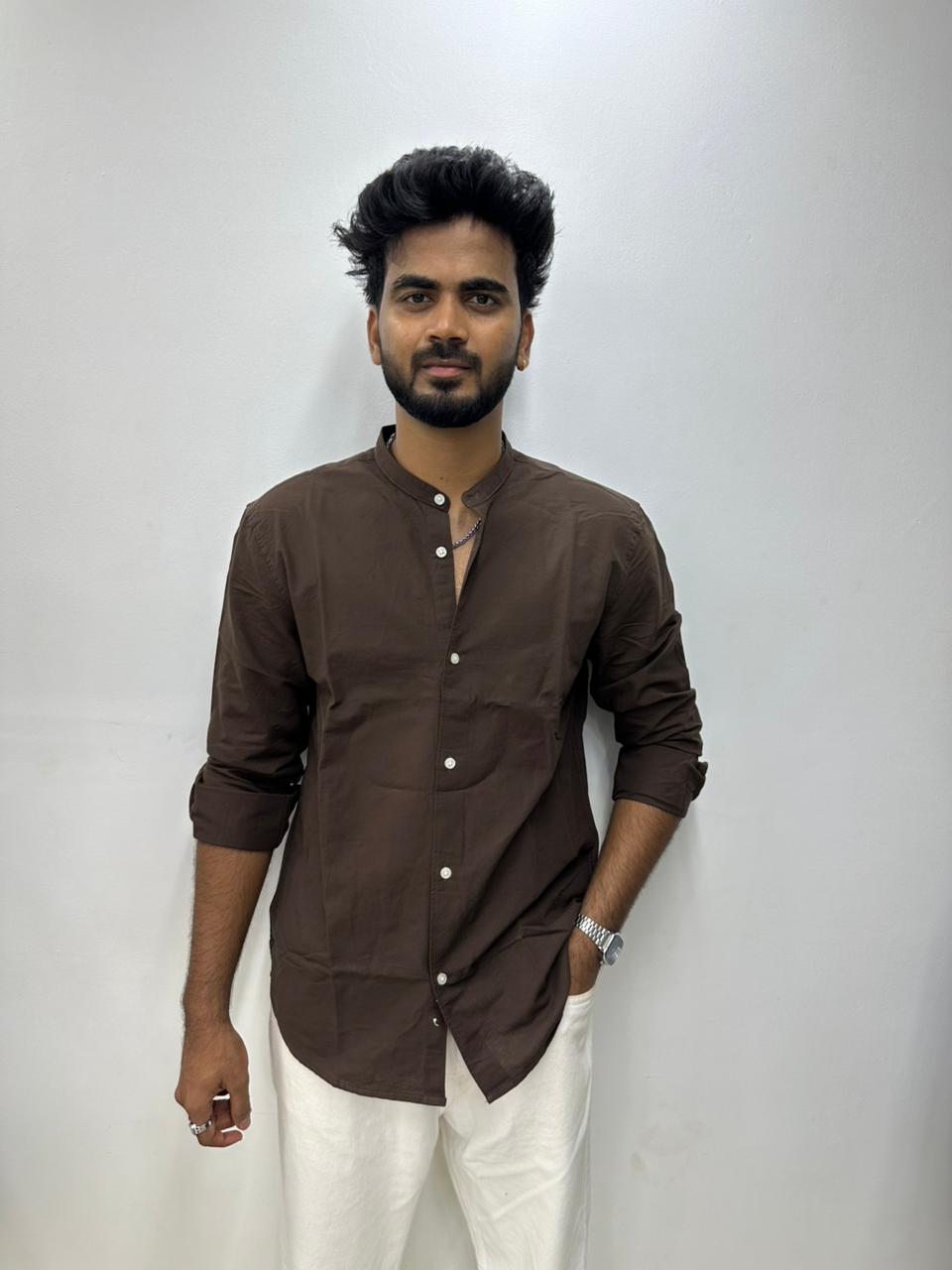Mocha Brown Mandarin Collar Shirt