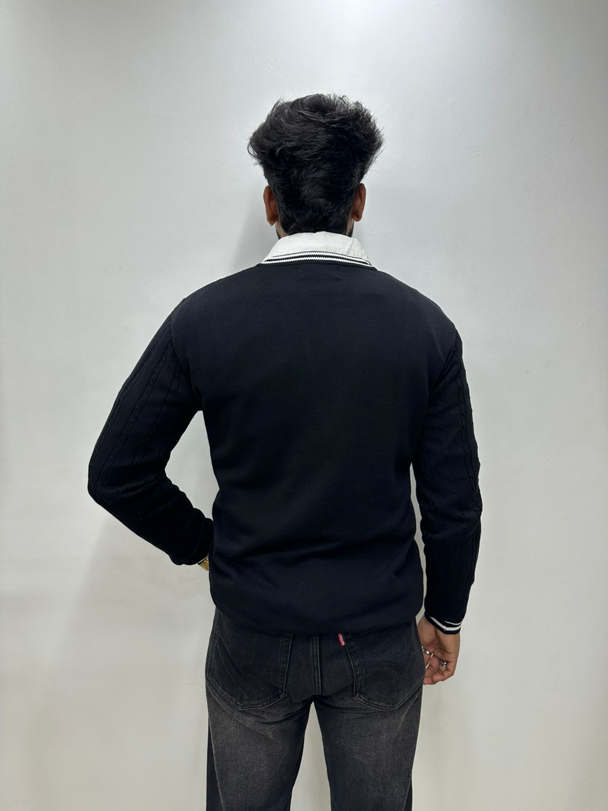 Black Ribbed V-Neck Knit Sweater