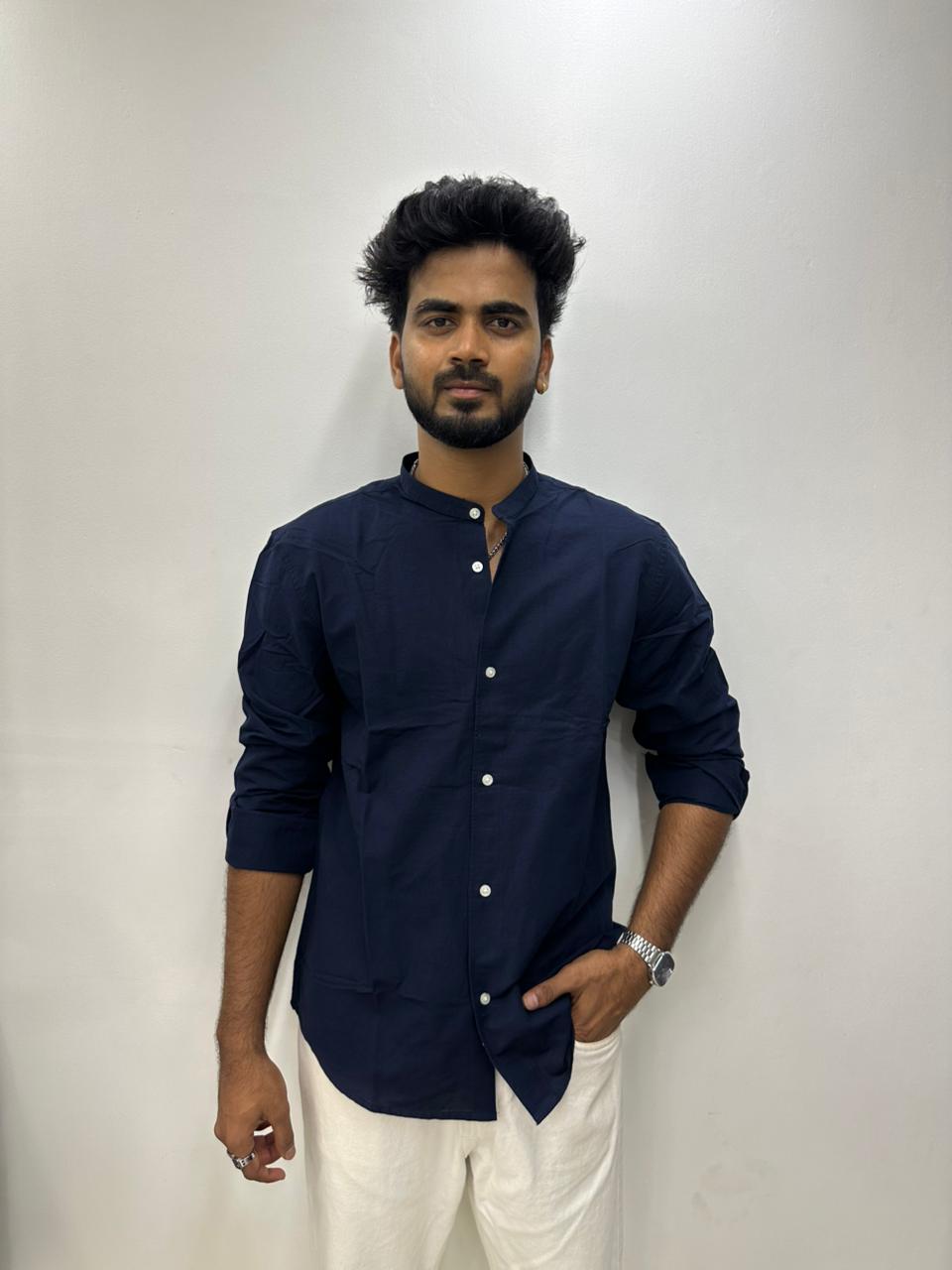 Navy Blue Mandarin Collar Shirt