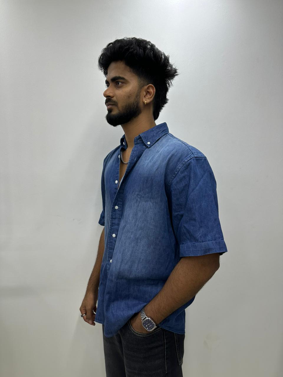 Deep Blue Denim Half-Sleeve Shirt