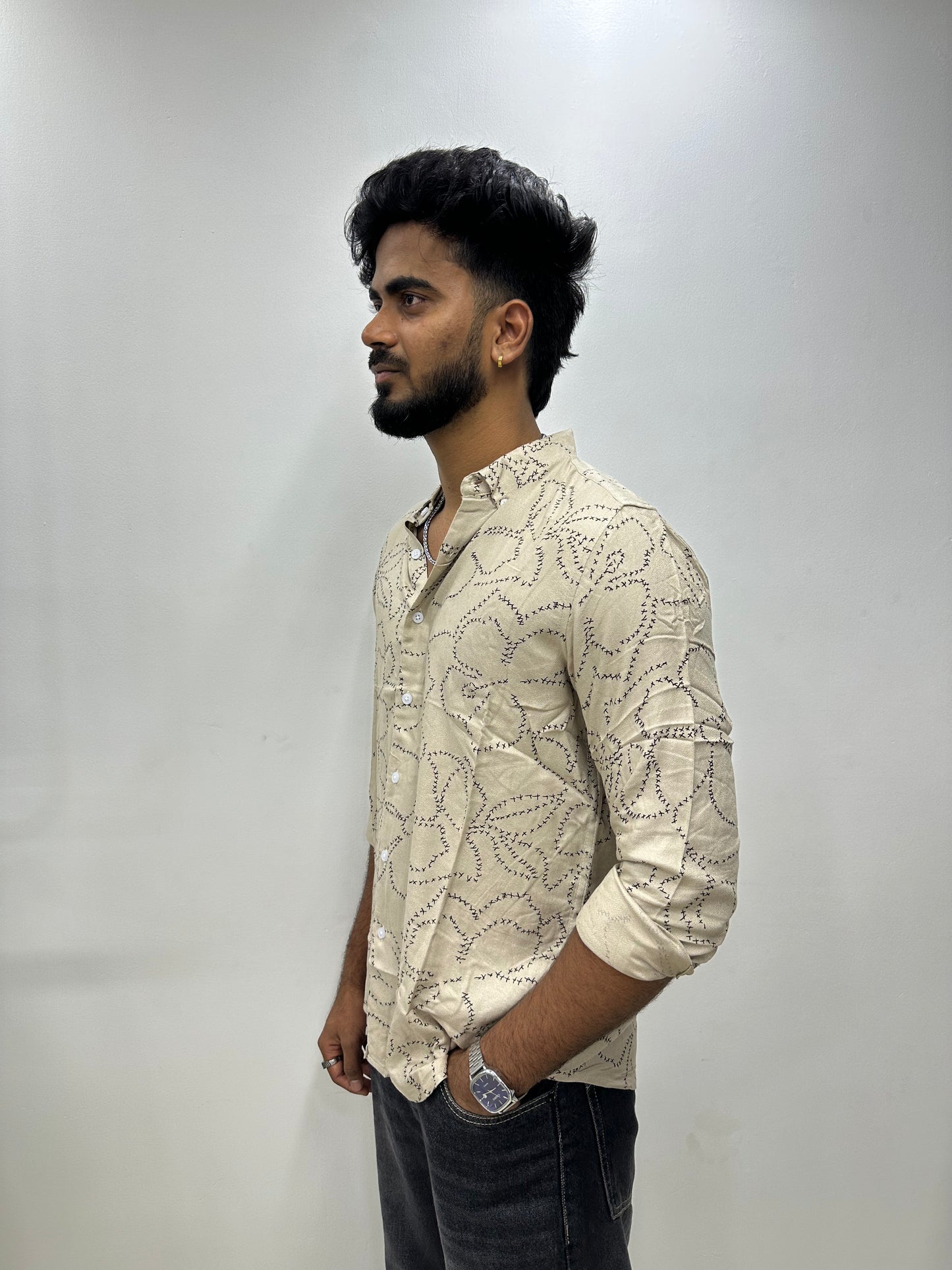 Cream Leaf Printed Shirt