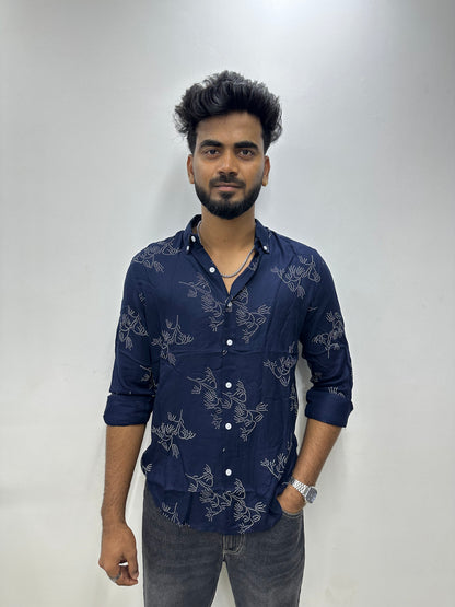 Navy Blue Leaf Printed Shirt