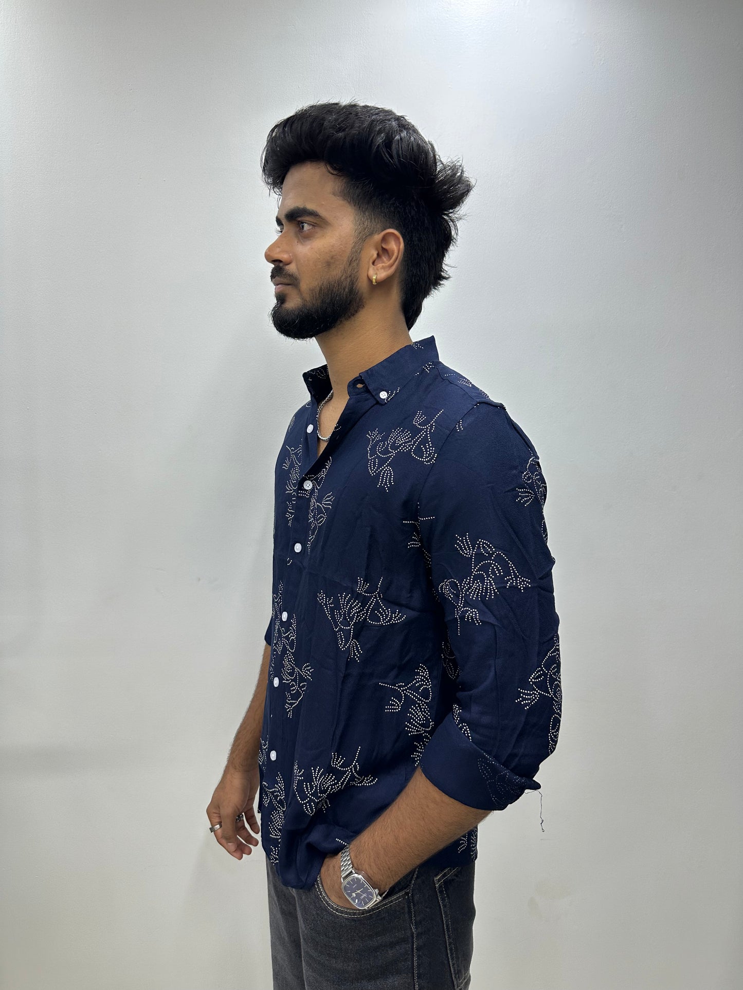 Navy Blue Leaf Printed Shirt