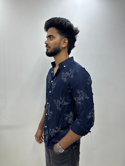 Navy Blue Leaf Printed Shirt