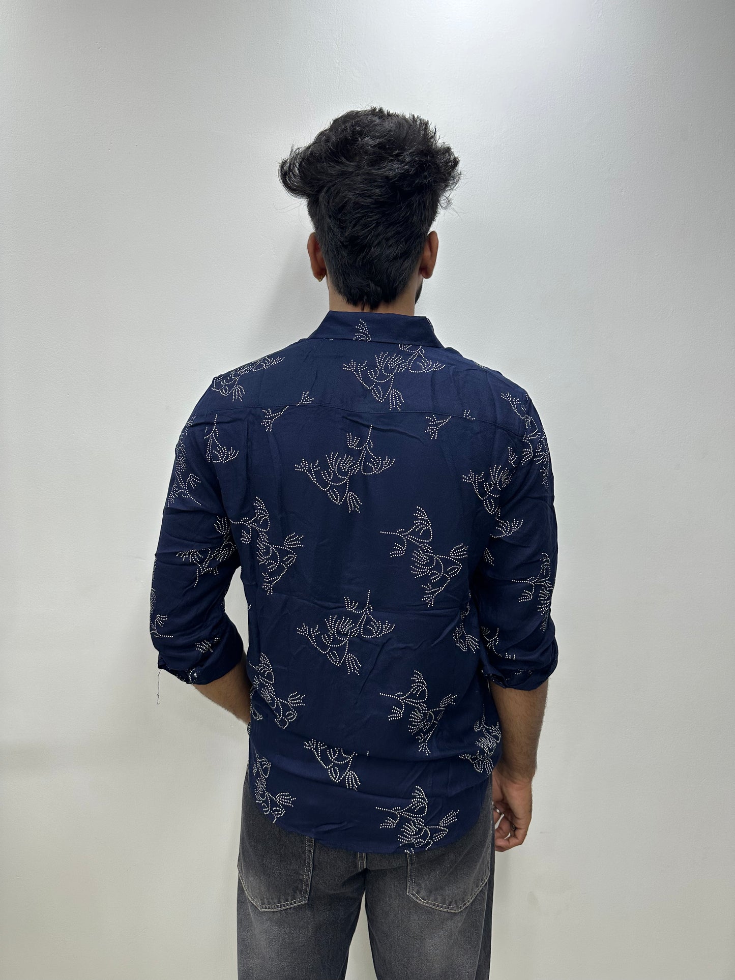 Navy Blue Leaf Printed Shirt