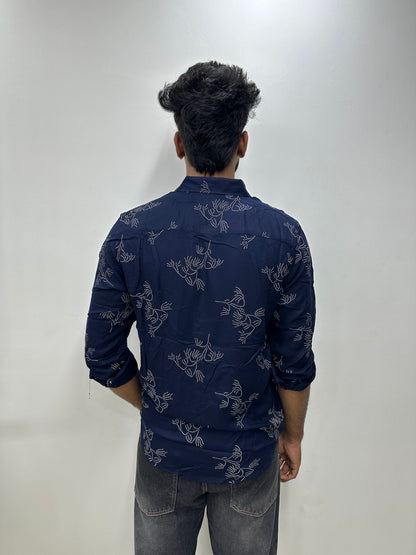 Navy Blue Leaf Printed Shirt