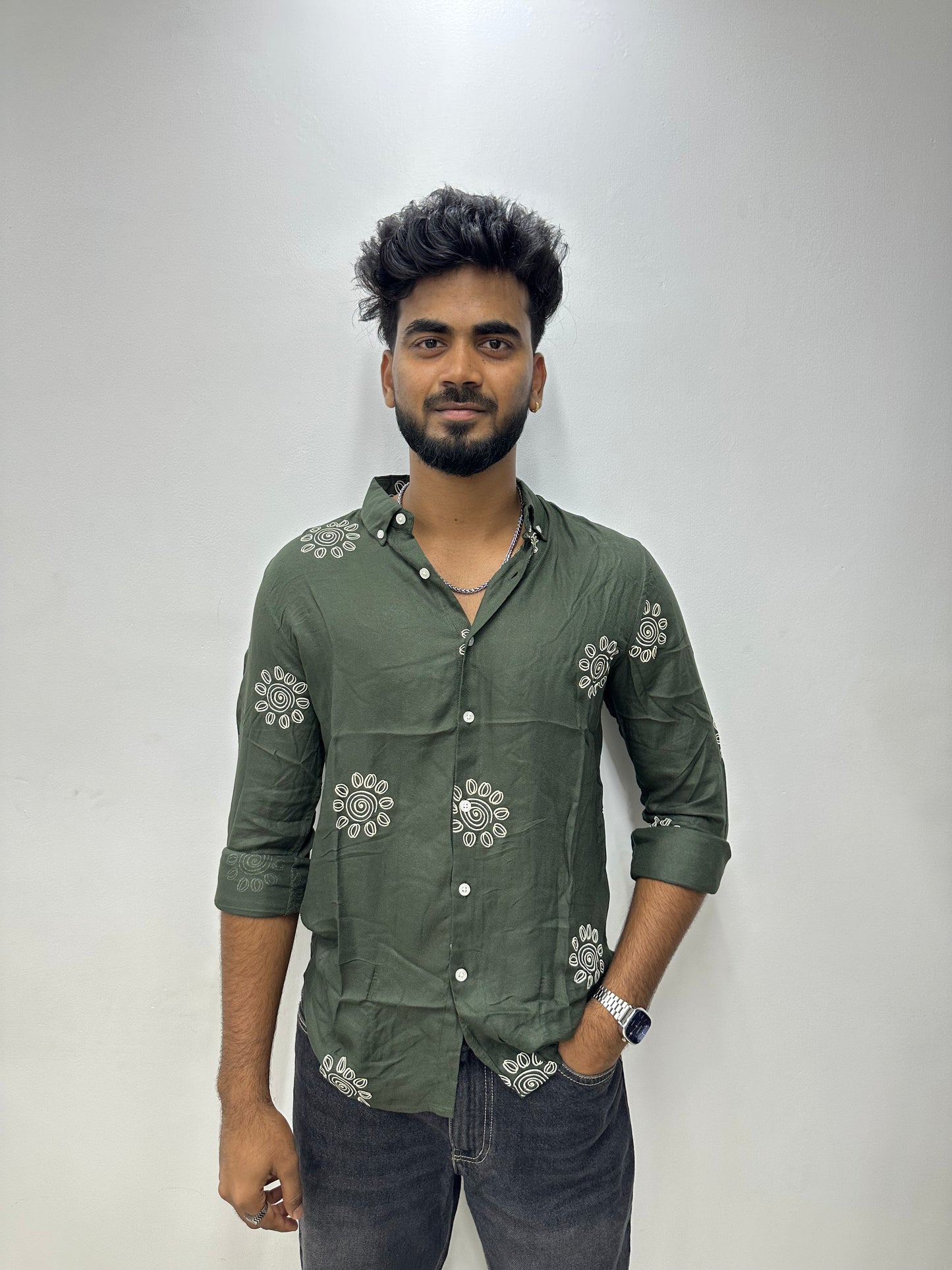 Olive Green Spiral Printed Shirt