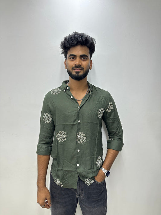 Olive Green Spiral Printed Shirt