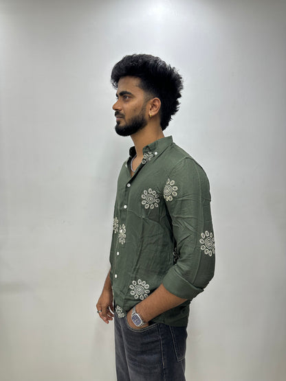 Olive Green Spiral Printed Shirt
