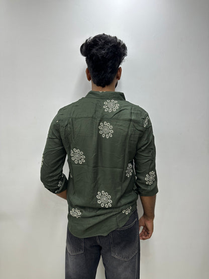 Olive Green Spiral Printed Shirt
