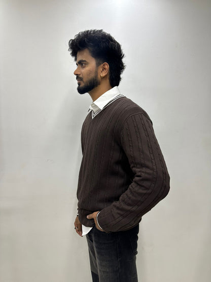 Brown Ribbed V-Neck Knit Sweater
