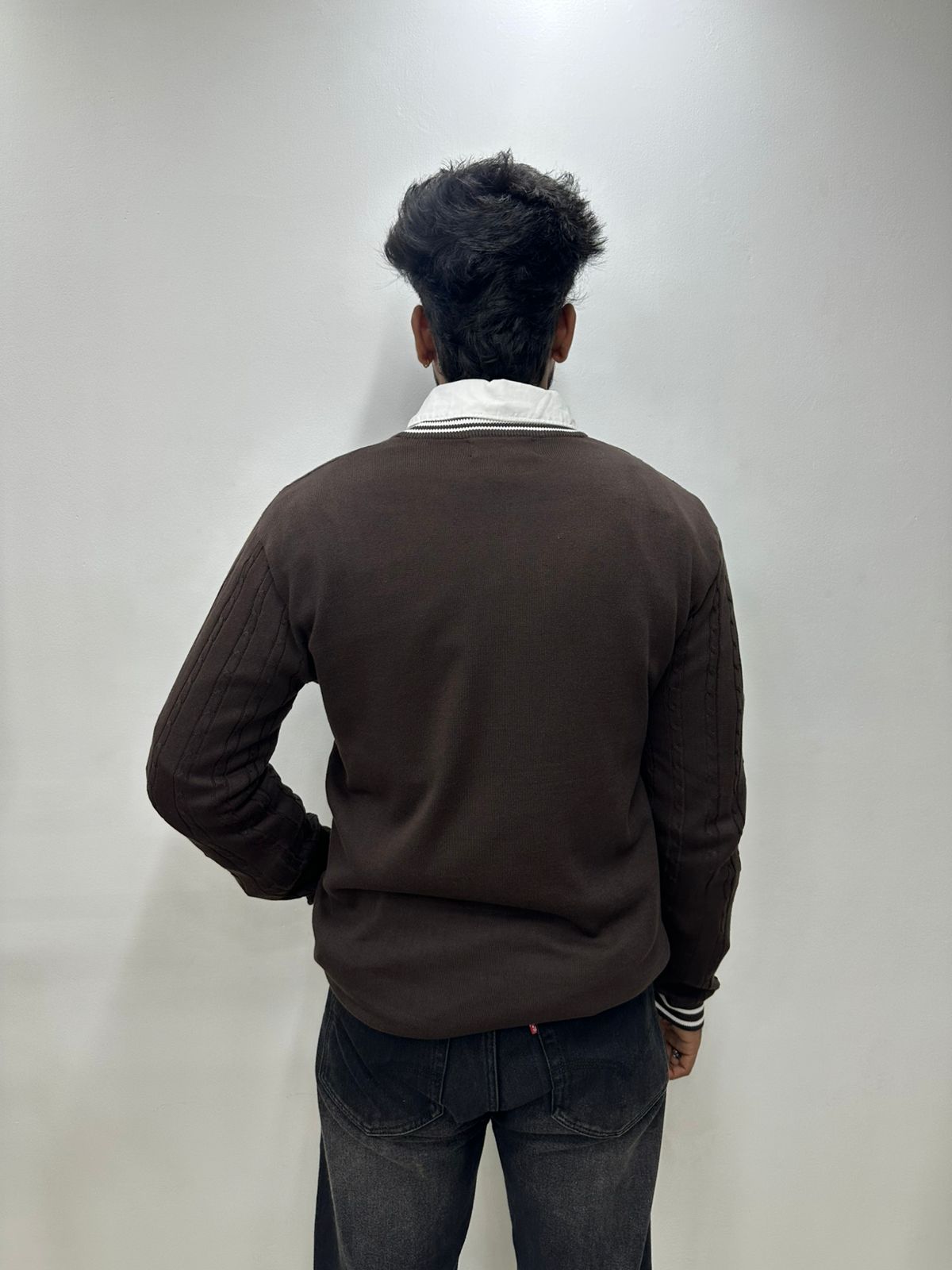 Brown Ribbed V-Neck Knit Sweater