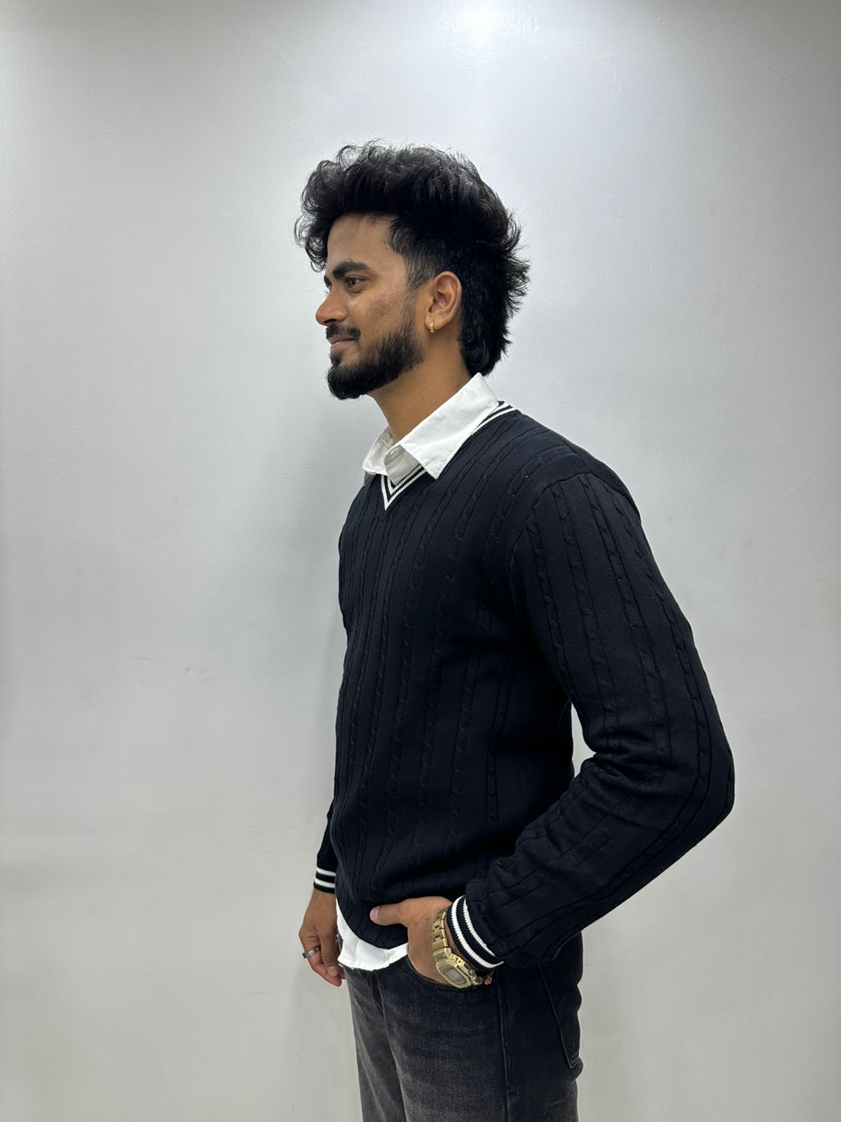 Black Ribbed V-Neck Knit Sweater