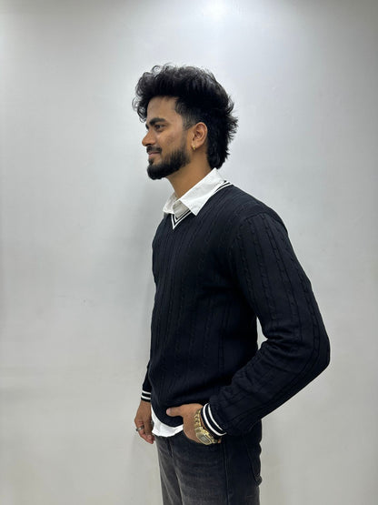 Black Ribbed V-Neck Knit Sweater
