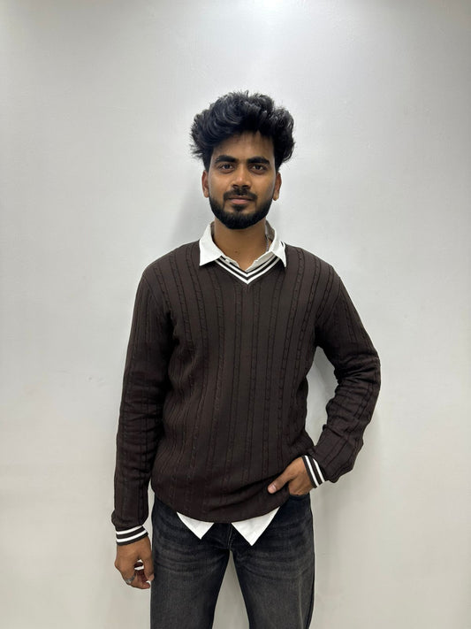 Brown Ribbed V-Neck Knit Sweater