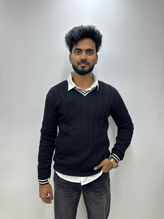 Black Ribbed V-Neck Knit Sweater