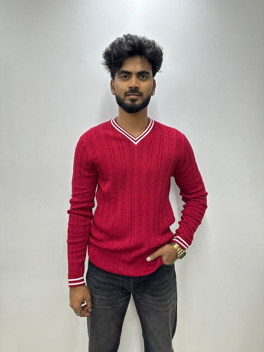 Red Ribbed V-Neck Knit Sweater