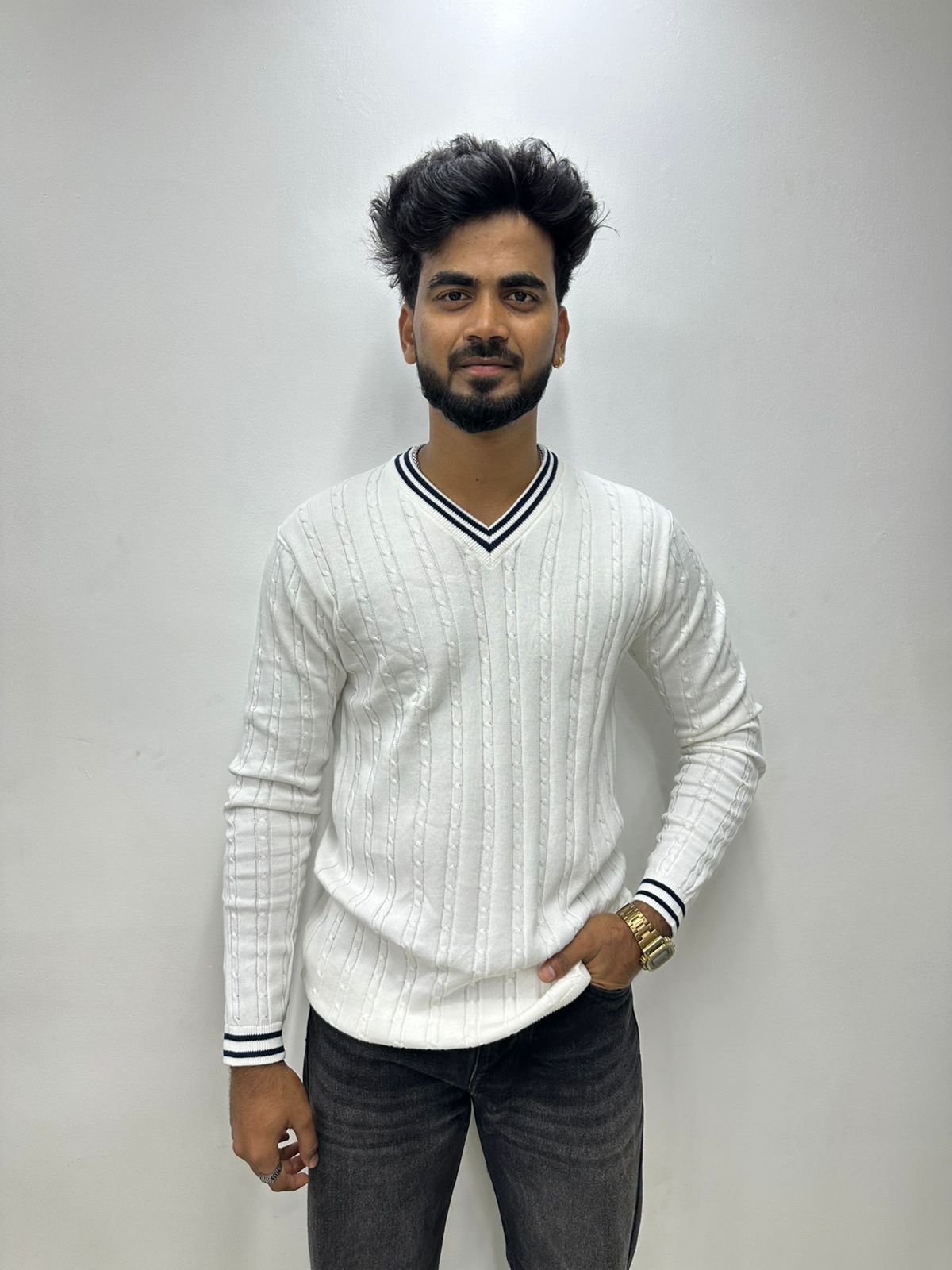 White Ribbed V-Neck Knit Sweater