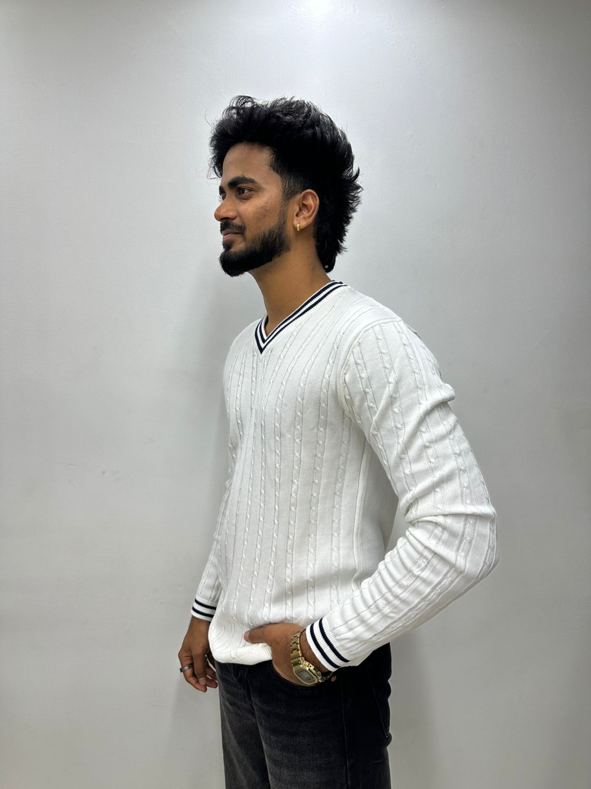 White Ribbed V-Neck Knit Sweater