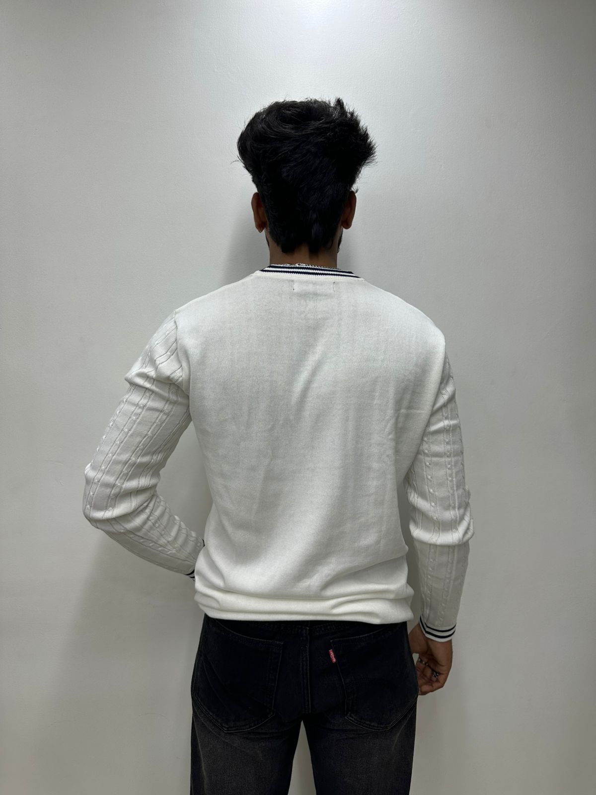 White Ribbed V-Neck Knit Sweater