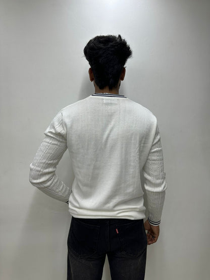 White Ribbed V-Neck Knit Sweater