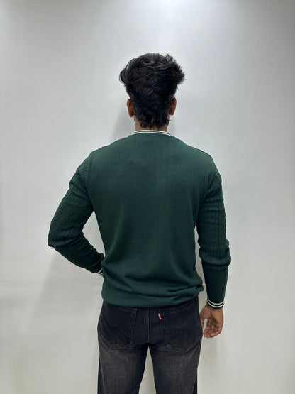 Green Ribbed V-Neck Knit Sweater