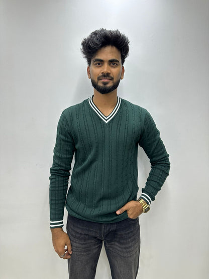 Green Ribbed V-Neck Knit Sweater