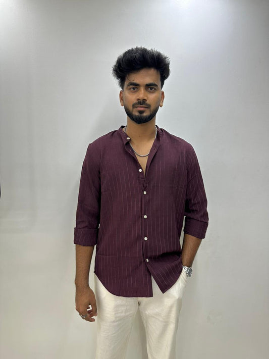 Burgundy Pinstripe Mandarin Collar Shirt