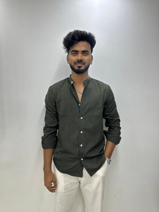 Green Pinstripe Mandarin Collar Shirt