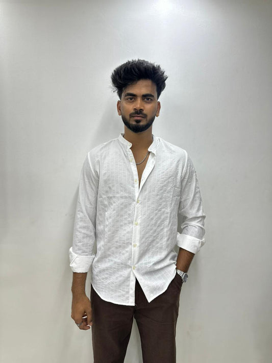 White Pinstripe Mandarin Collar Shirt