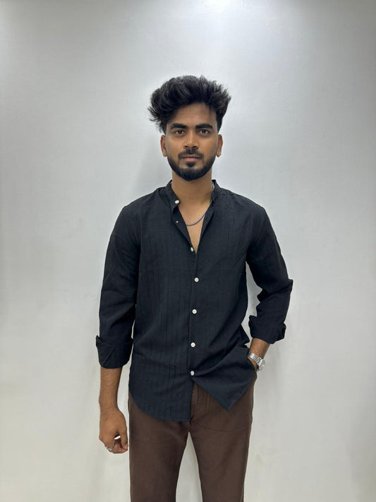 Black Pinstripe Mandarin Collar Shirt