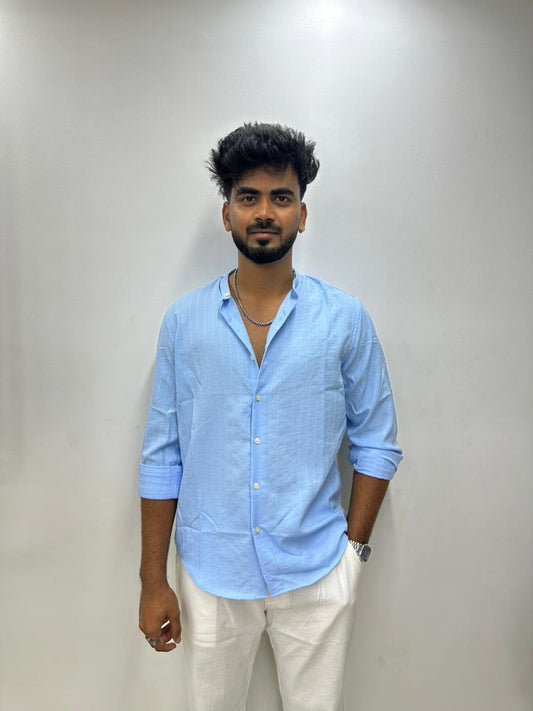 Sky Blue Pinstripe Mandarin Collar Shirt