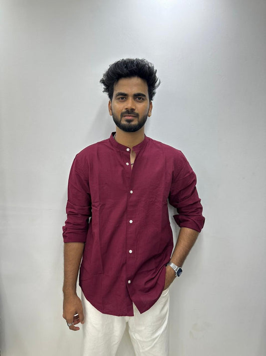 Maroon Mandarin Collar Shirt
