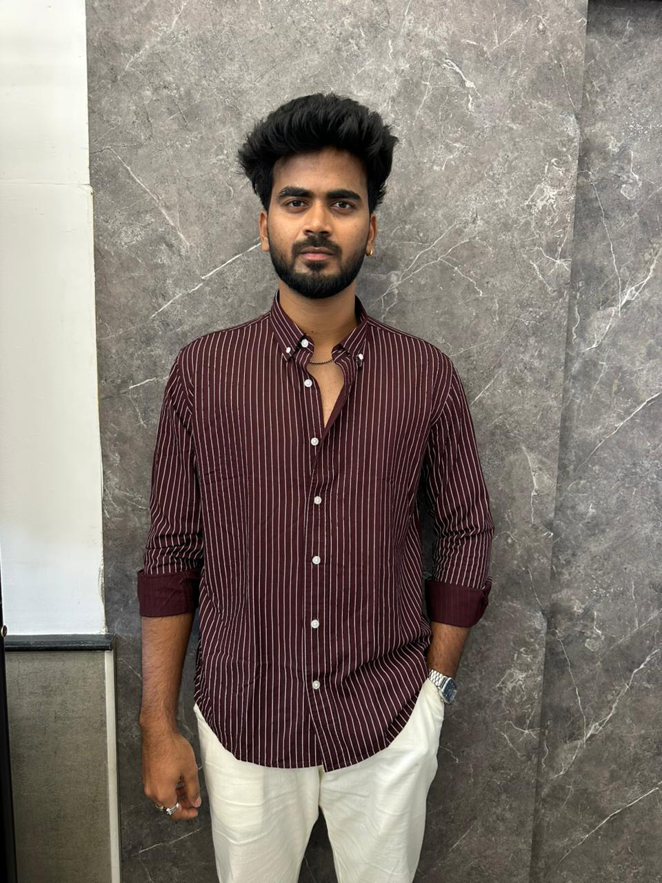 Burgundy Linen Striped Shirt