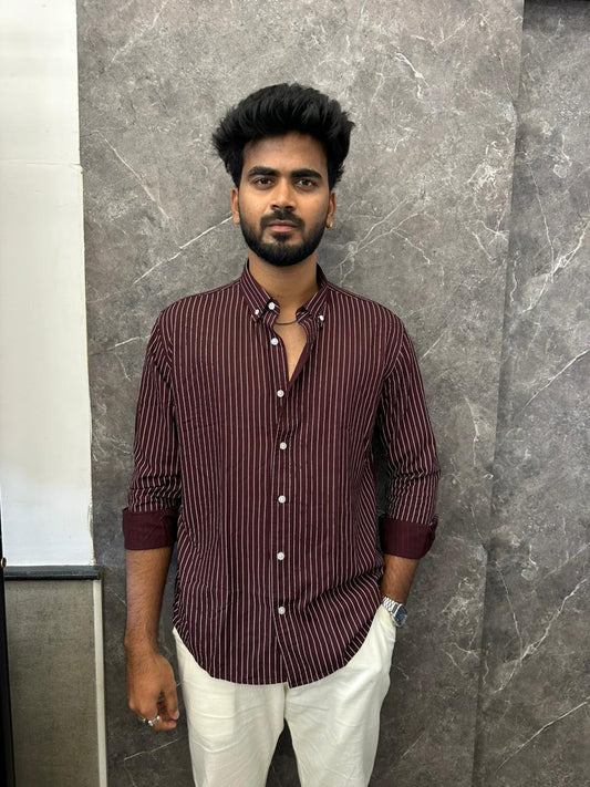 Burgundy Linen Striped Shirt