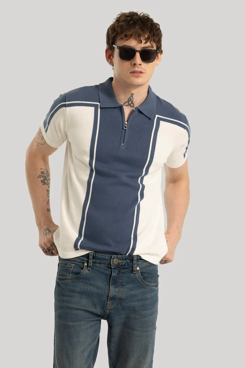 Blue Knitted Polo T-Shirt